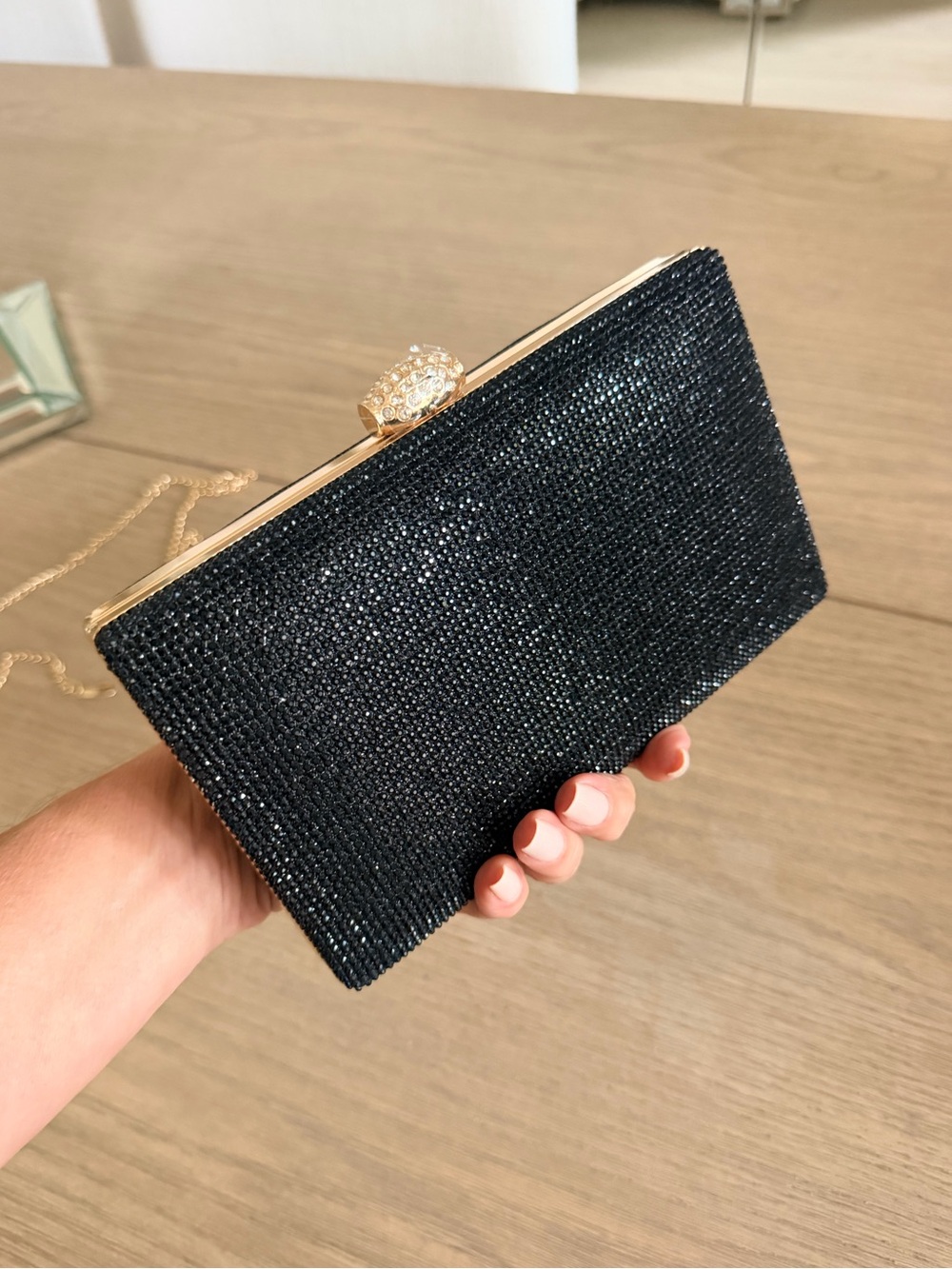 Black Glitter Evening Clutch Gold Chain Formal Wedding Cocktail Purse NWOT